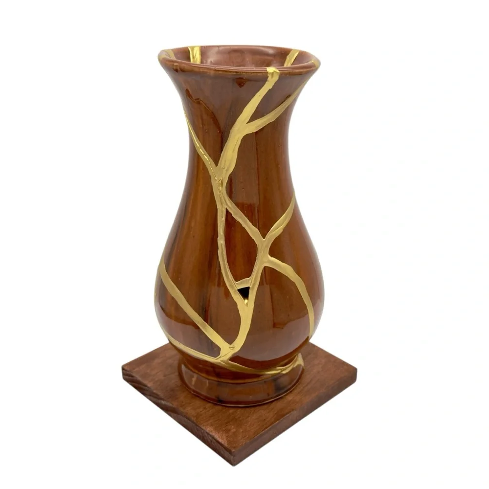 Kintsugi Vase Brown Glazed Pottery Gold Crack Art Anniversary Growth Gift - Picture 8 of 17